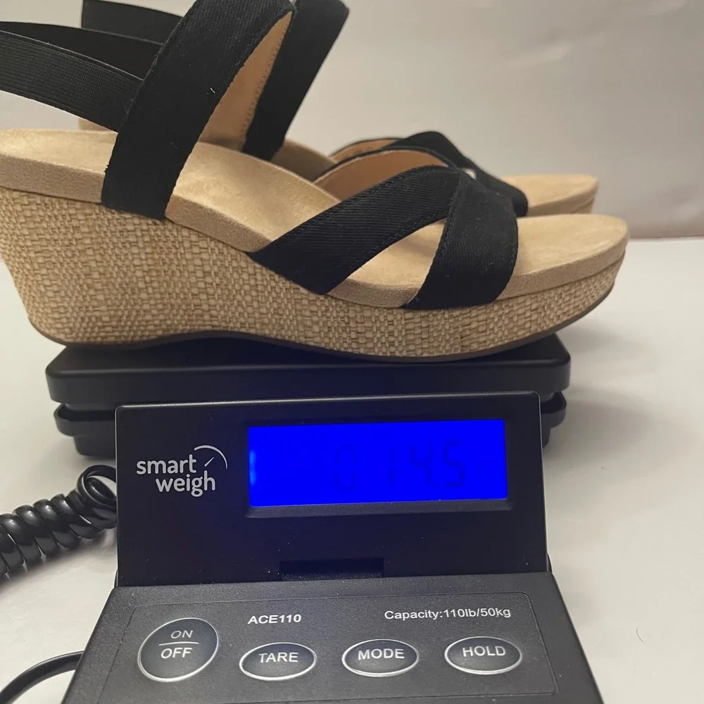 LifeStride Danita Black Wedge Sandals Elastic Straps Raffia Heel Womens‎ 9.5M